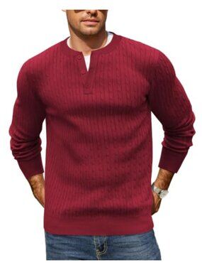 Men's Cable Knit Henley Sweater Long Sleeve Button Down Pullover Slim Fit